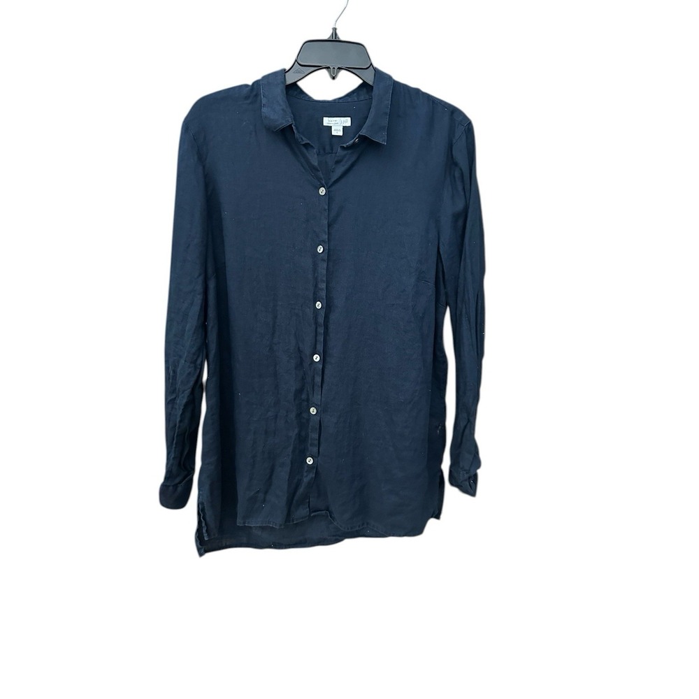 J.Jill 100% Linen Button Up Blouse Large Navy Blue Long Sleeve Lagenlook #I10-1